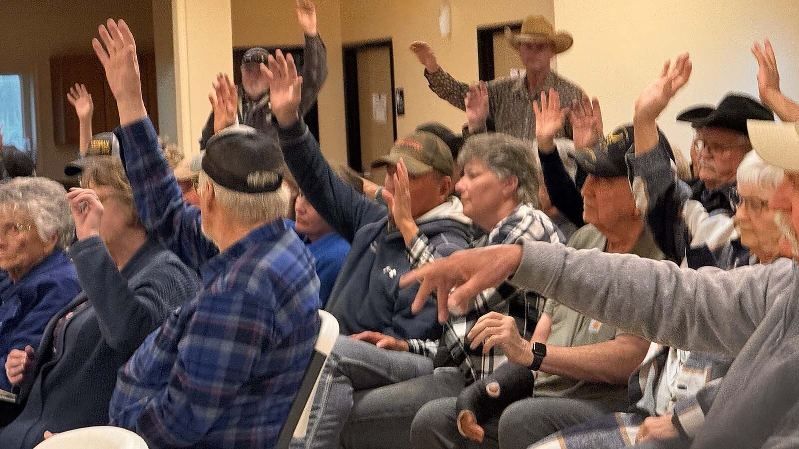 Secretary of State Chuck Gray speaks to a crown of more than 100 people Wednesday,May 21, 2025, at the Niobrara County Fairgrounds in Lusk. Most there indicated by raising their hands that they are against a pair of large wind projects proposed for the area.