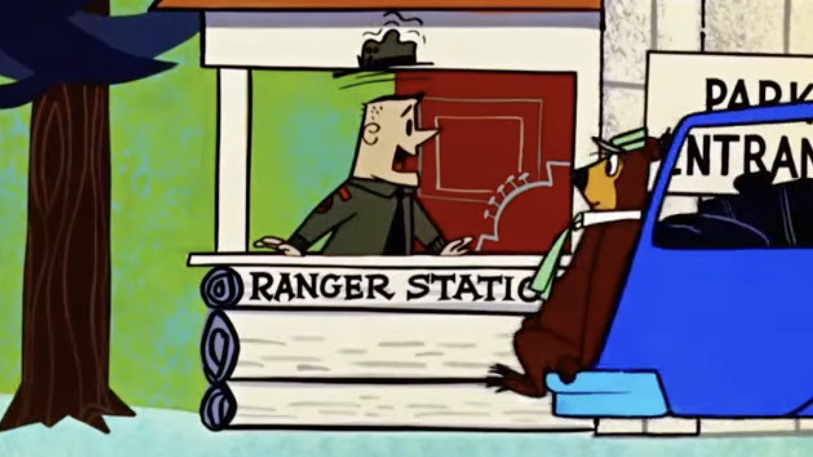 Screenshot from the classic Hanna-Barbera cartoon "Yogi's Big Break," where Yogi Bear is determined to escape all the attention from tourists at Jellystone Park. But he's always foiled by the ranger stationed at the park's entrance.